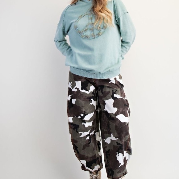 NEW EASEL CLOTHING WASHED TERRY KNIT PULLOVER PEACE HOODIE SEAFOAM SWEATSHIRT - Picture 7 of 10